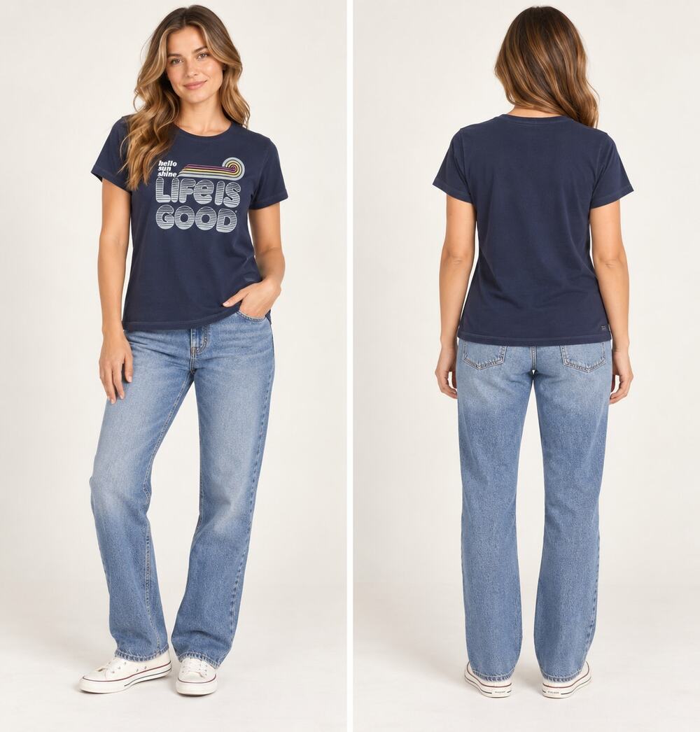 Life Is Good Crusher Tee L Hello Sun Shine Graphic Navy Blue Women's